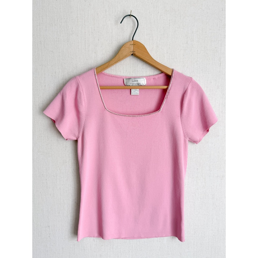 Lisa International Knit Top Rhinestone Square Neck S Pink Short Sleeve Vintage